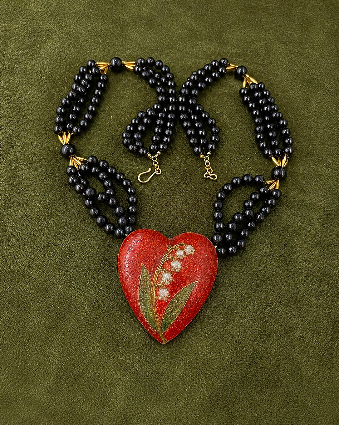 Vintage Black Beaded Lily of the Valley Heart Necklace