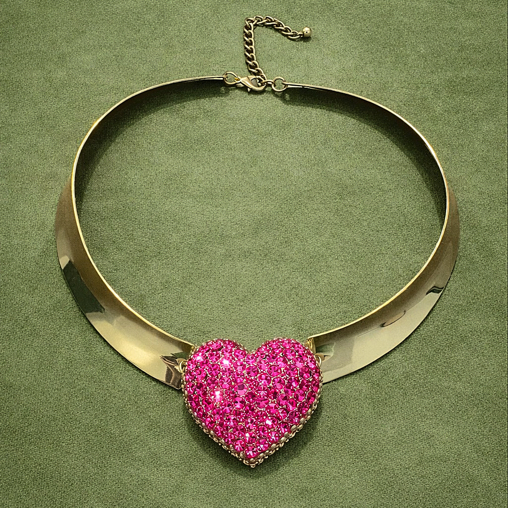 Vintage Gold-Tone Heart Rhinestone Collar Necklace