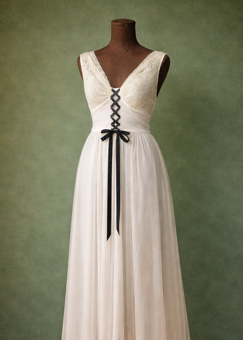 Vintage Ivory Lace Maxi Dress With Black Ribbon Corset Detail