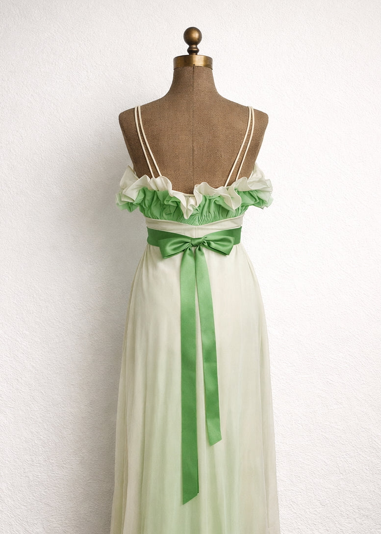 Vintage 1960s Ivory and Green Chiffon Gown