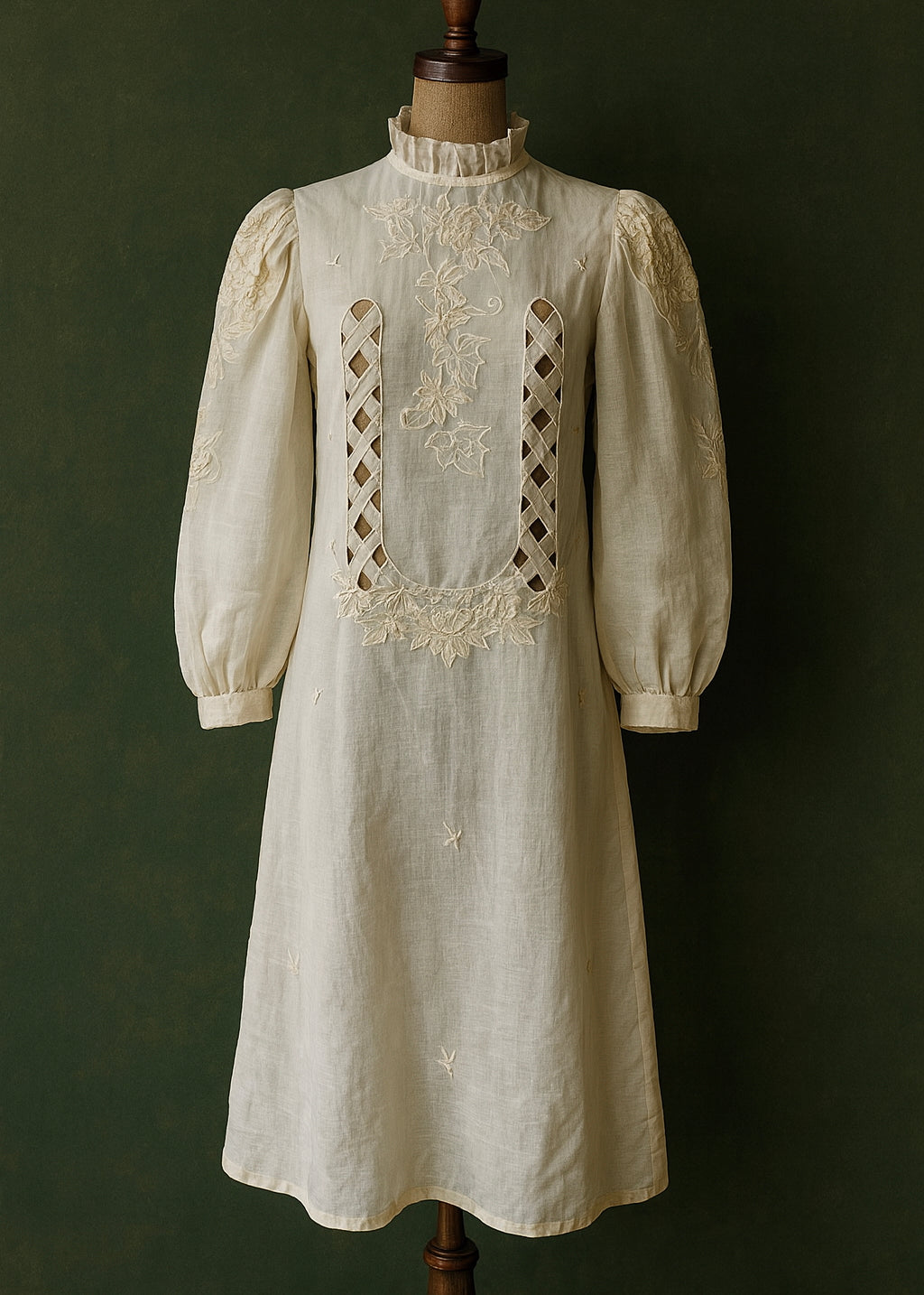 Antique 1910s Edwardian Sheer Embroidered Net Dress with Lattice Cutwork