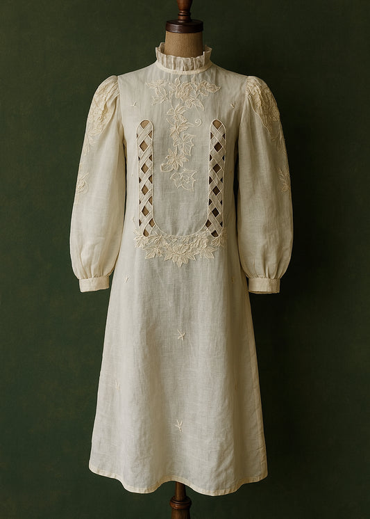 Antique 1910s Edwardian Sheer Embroidered Net Dress with Lattice Cutwork