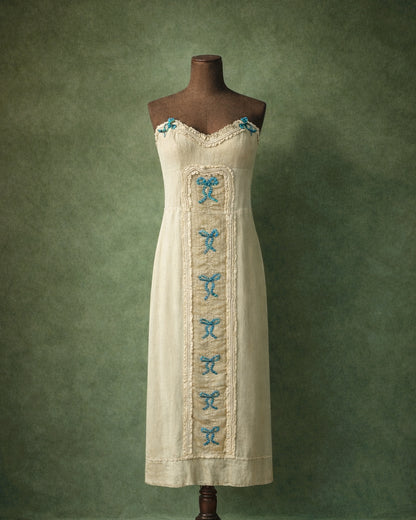 Rare 1920s Ivory Dress With Blue Ribbon Appliqué And Lace-Up Back