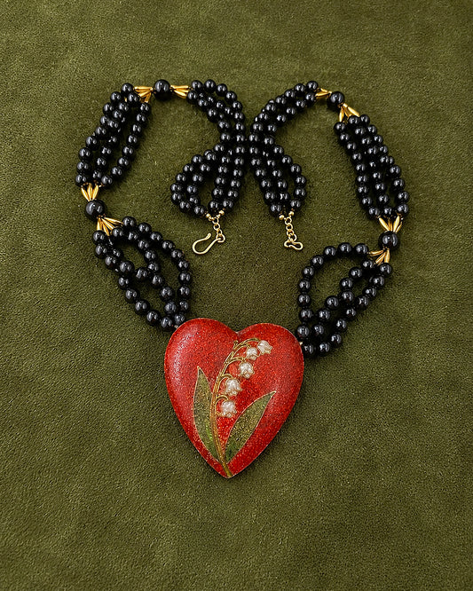Vintage Black Beaded Lily of the Valley Heart Necklace