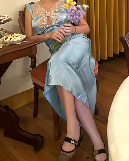 1930s Blue Silk Lace Dress