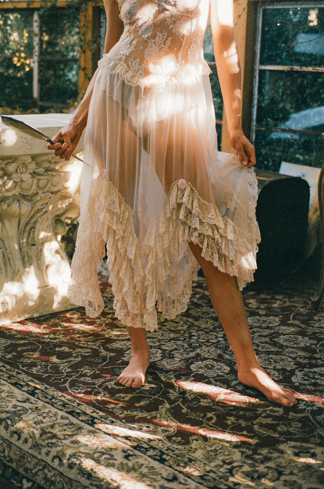 Vintage Beige Sheer Lace House Dress