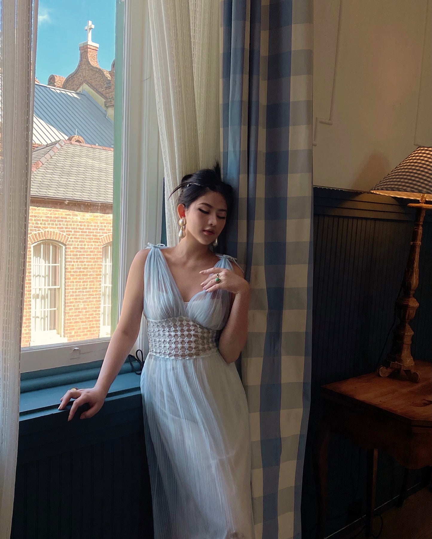 Vintage 1950s Powder Blue Honeycomb Smocked Tulle Dress