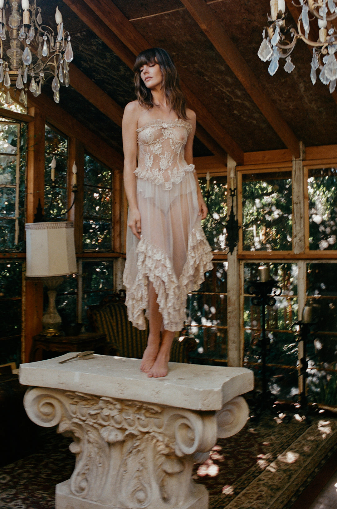 Vintage Beige Sheer Lace House Dress