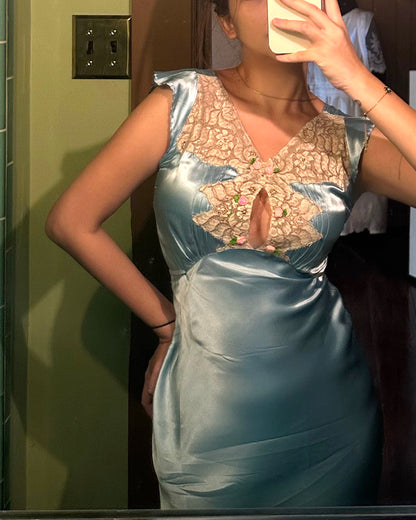 1930s Blue Silk Lace Dress