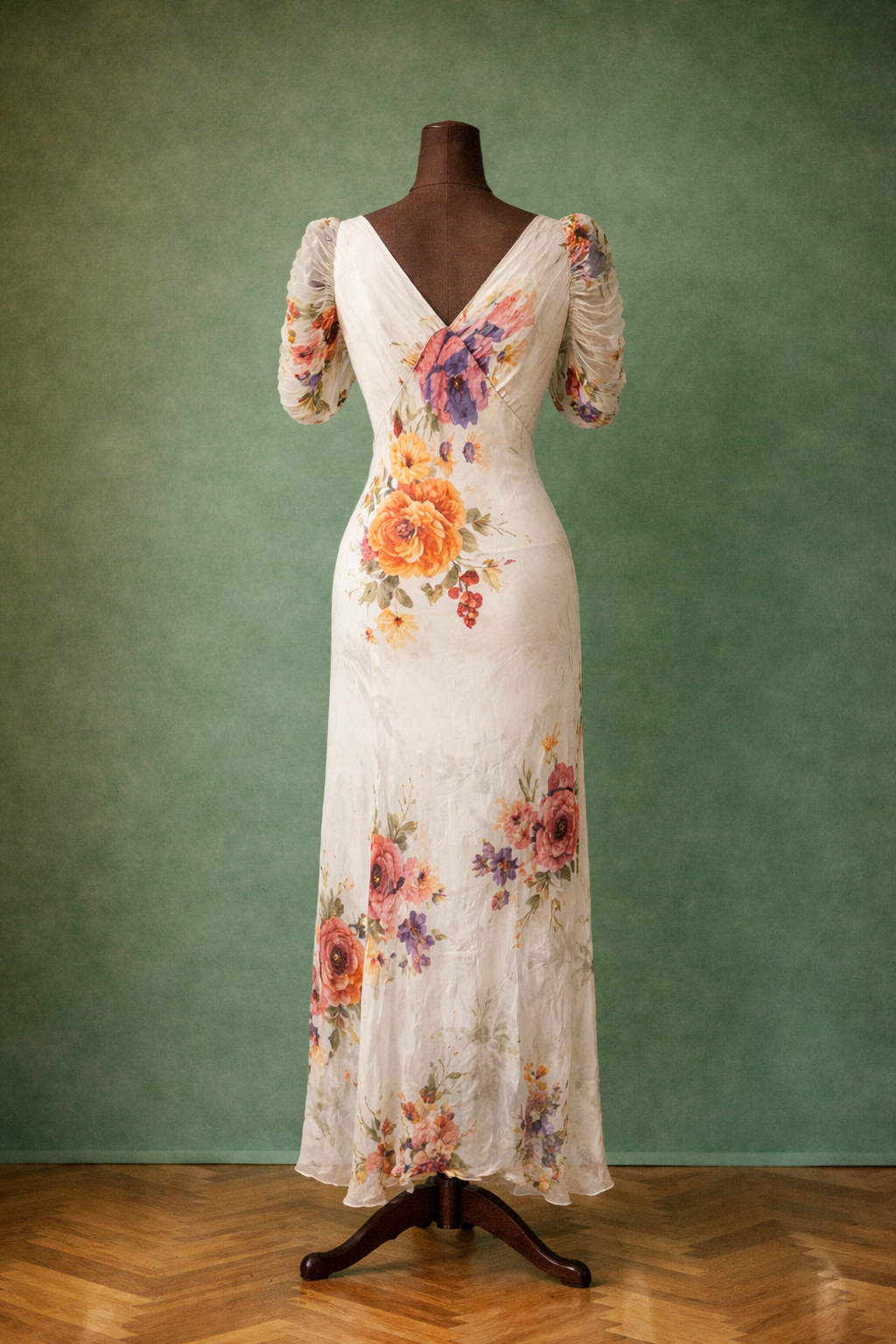 1920s Ivory Floral Maxi Dress With Puff Sleeves