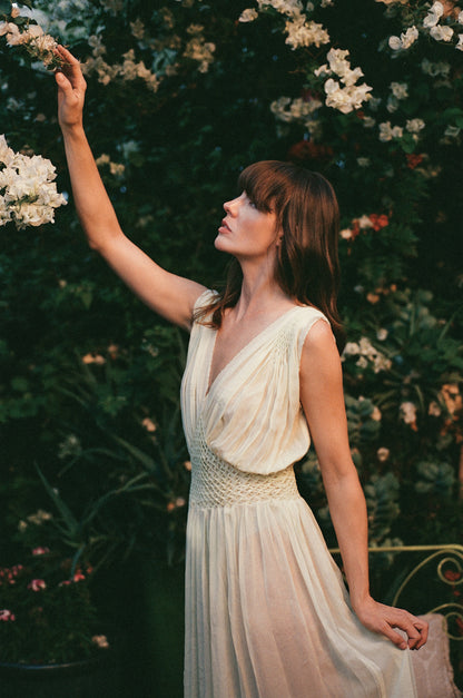 1930s Sage Green Silk Chiffon Smocking Dress