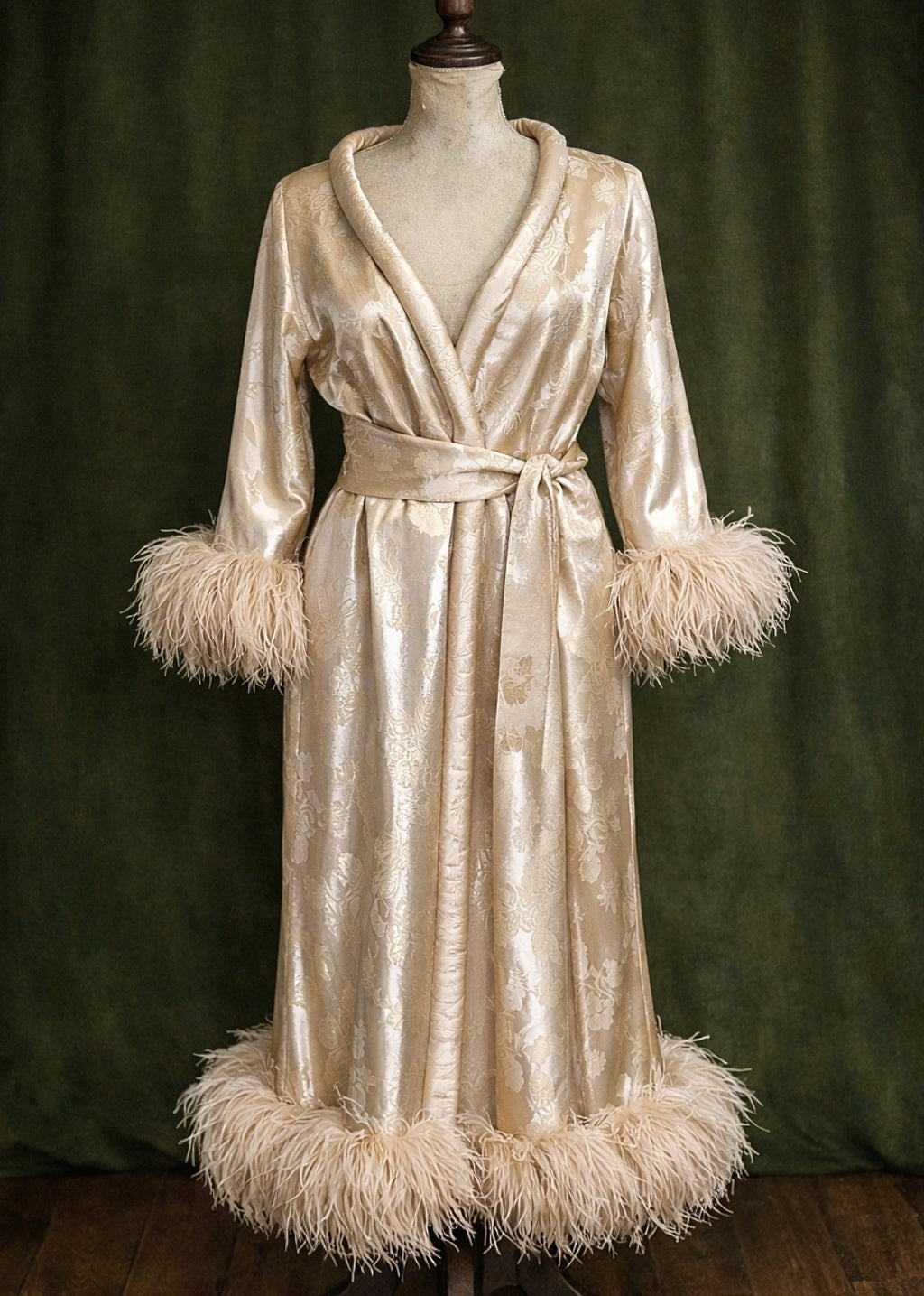 1950s Brocade Silk Ostrich Feather Robe