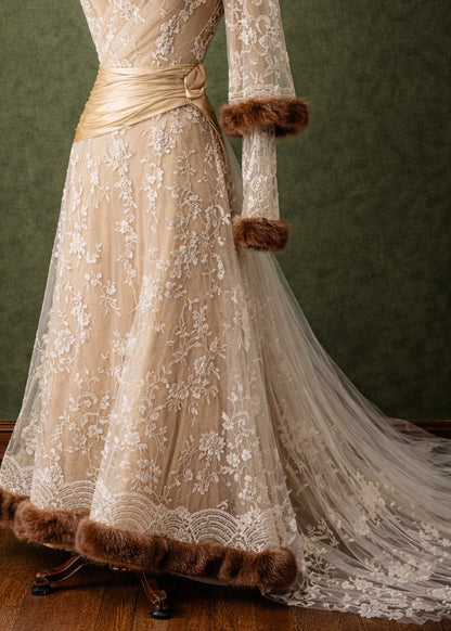 Early 20th-Century Ivory Lace Gown with Silk Sash and Sofi Fur Trim