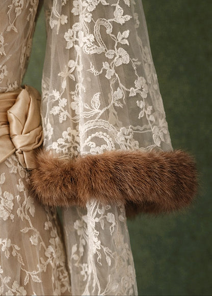 Early 20th-Century Ivory Lace Gown with Silk Sash and Sofi Fur Trim