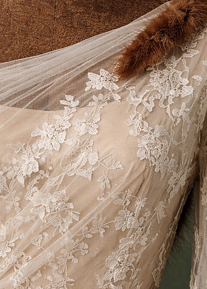 Early 20th-Century Ivory Lace Gown with Silk Sash and Sofi Fur Trim