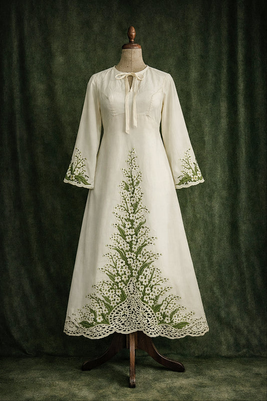 Vintage Lily of the Valley Embroidered Ivory Dress
