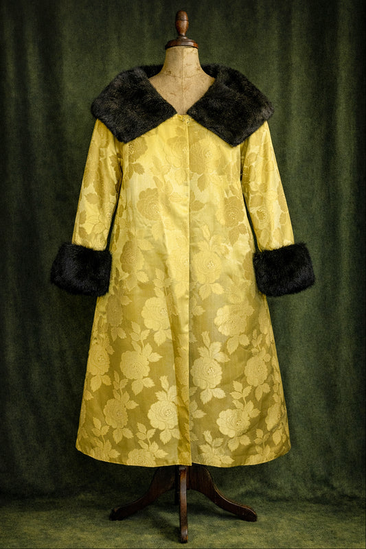 Vintage Silk Brocade Coat with Fur Trim