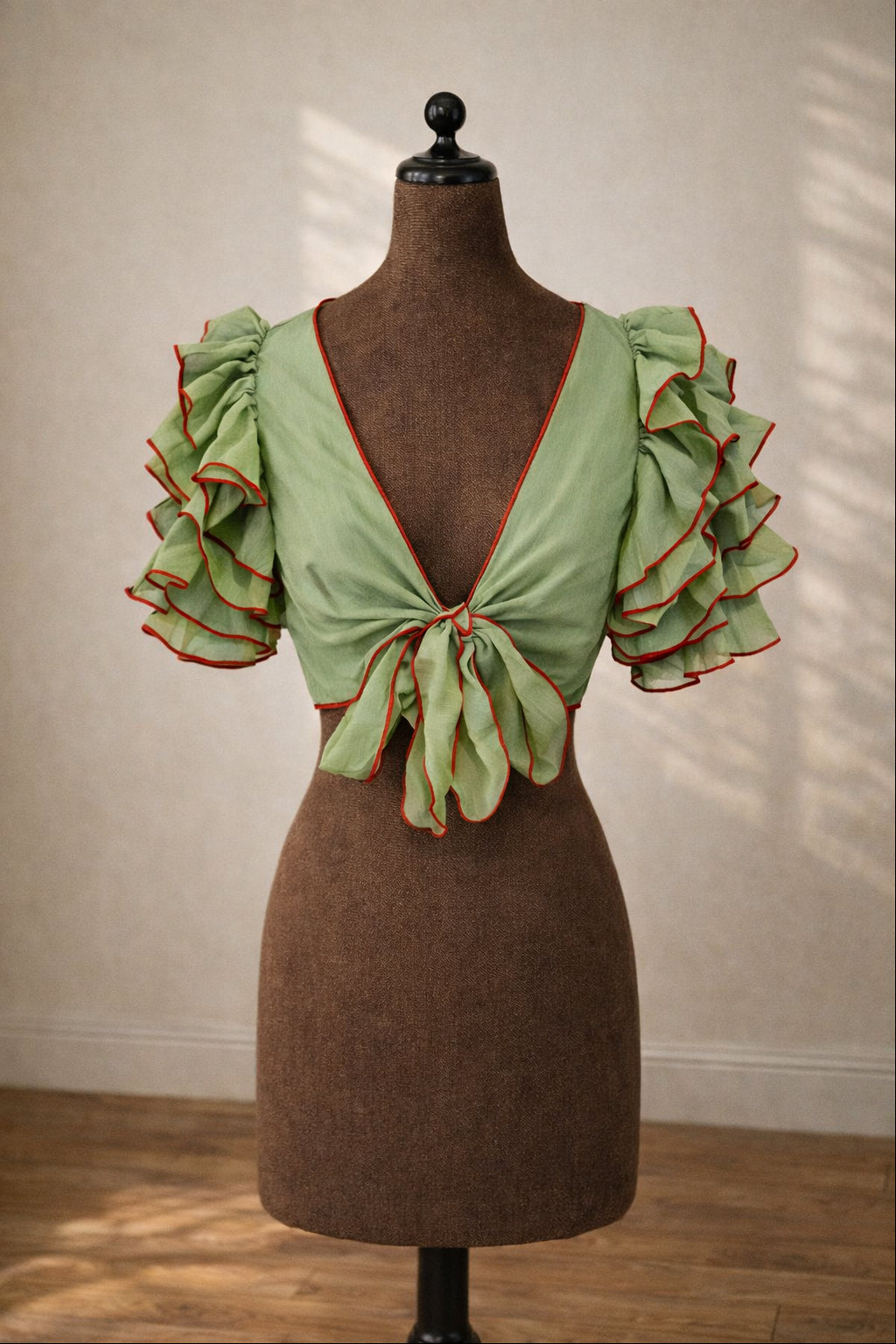 Vintage Sage Green Ruffled Tie-Front Blouse