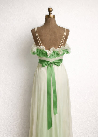 Vintage 1960s Ivory and Green Chiffon Gown