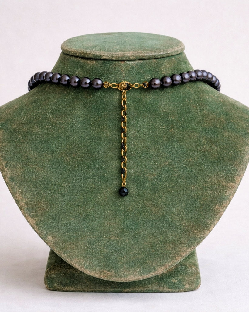 Vintage Black Faux Pearl Necklace With Gilded Floral Centerpiece