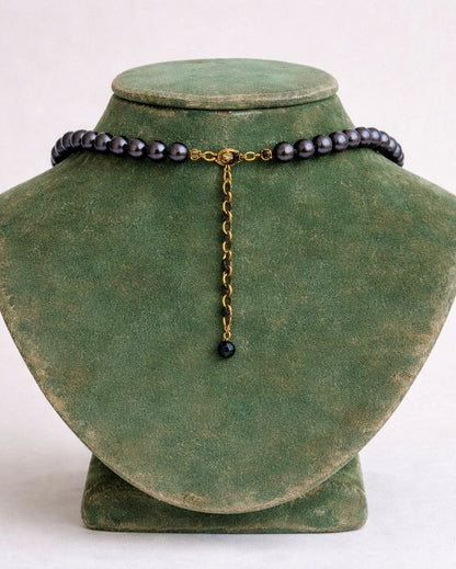 Vintage Black Faux Pearl Necklace With Gilded Floral Centerpiece