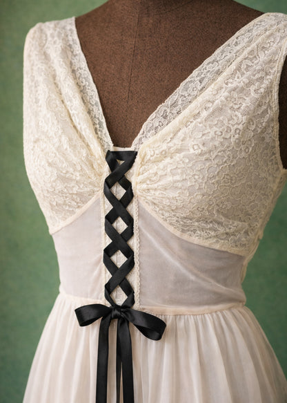 Vintage Ivory Lace Maxi Dress With Black Ribbon Corset Detail