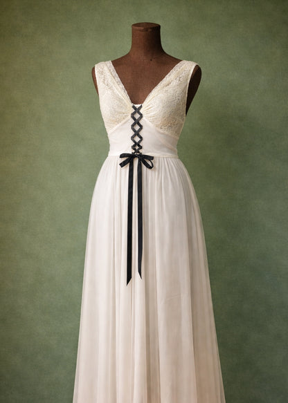 Vintage Ivory Lace Maxi Dress With Black Ribbon Corset Detail