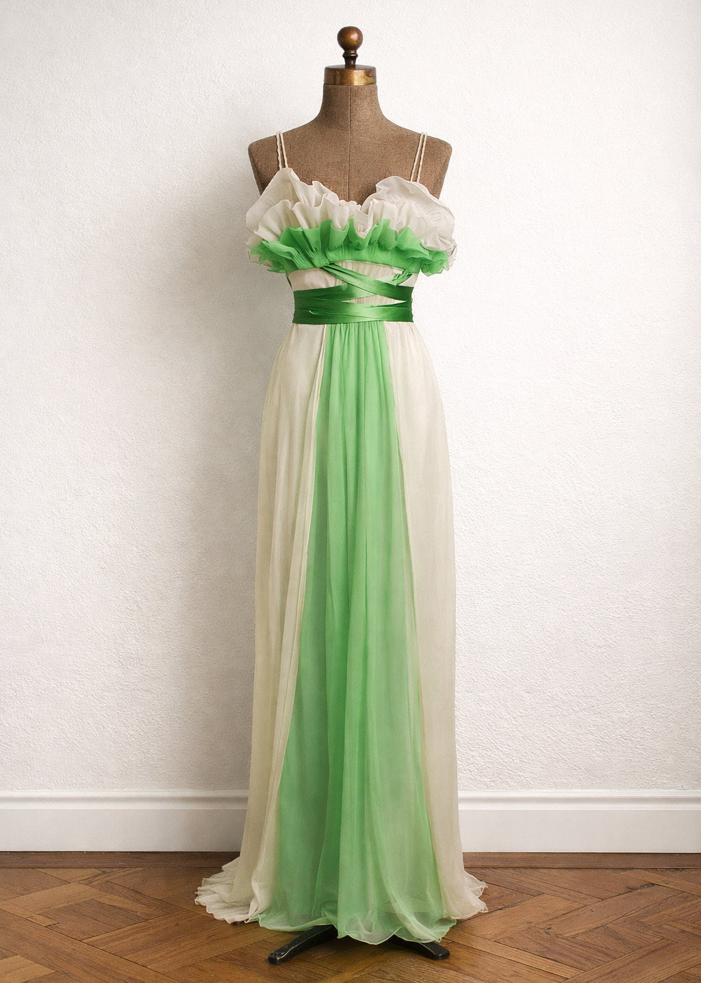 Vintage 1960s Ivory and Green Chiffon Gown