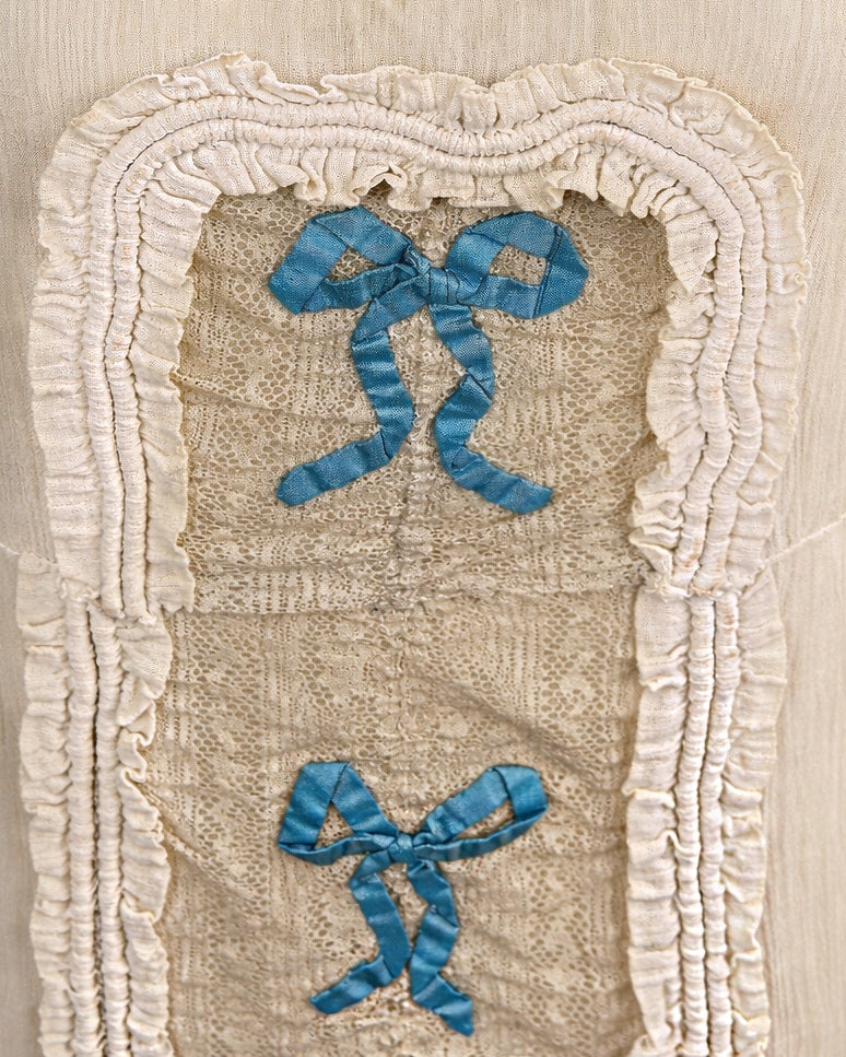 Rare 1920s Ivory Dress With Blue Ribbon Appliqué And Lace-Up Back