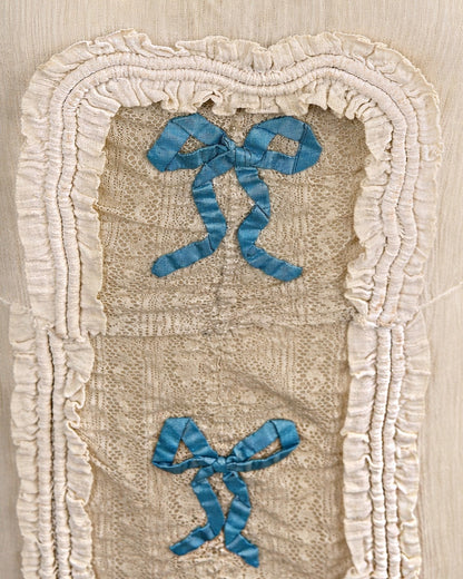 Rare 1920s Ivory Dress With Blue Ribbon Appliqué And Lace-Up Back