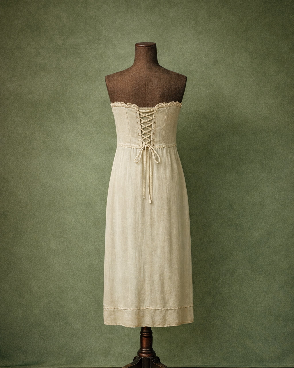 Rare 1920s Ivory Dress With Blue Ribbon Appliqué And Lace-Up Back