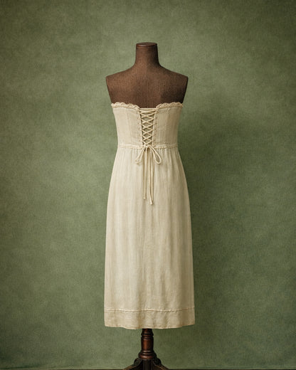 Rare 1920s Ivory Dress With Blue Ribbon Appliqué And Lace-Up Back