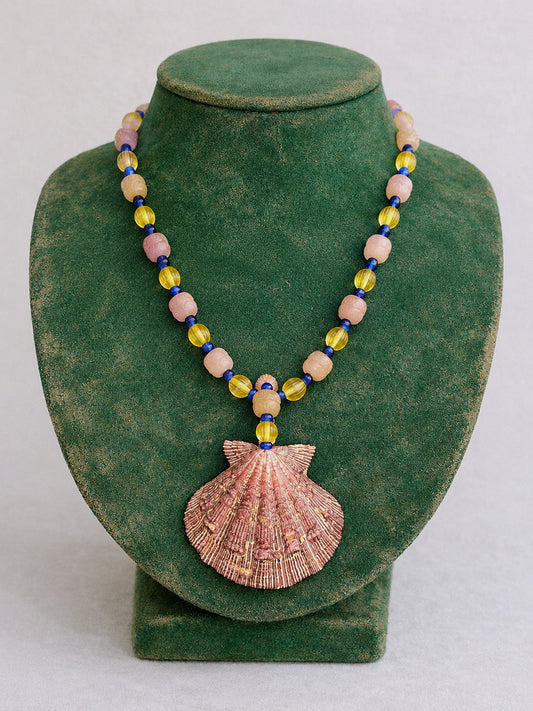 Vintage Pink Shell Pendant Beaded Necklace